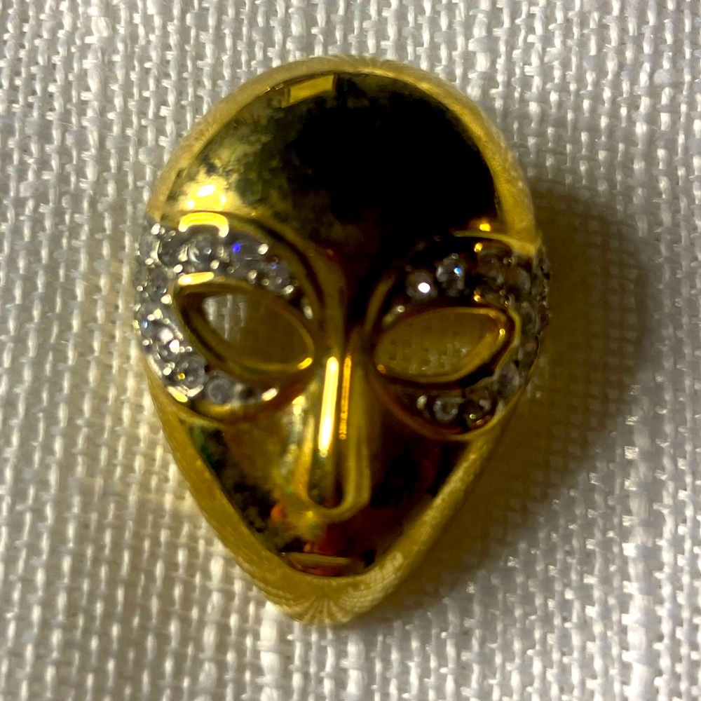 Vintage Signed Butler Gold Mask Brooch...Jeweled Golden Mask Brooch ...
